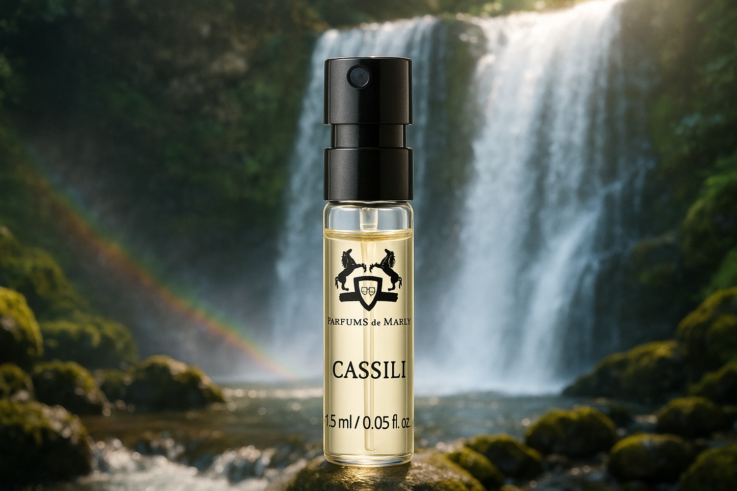 Parfums de Marly Cassili hivatalos parfüm minta 1,5 ml 0,05 fl. oz. parfüm teszter, háttérben vízesés