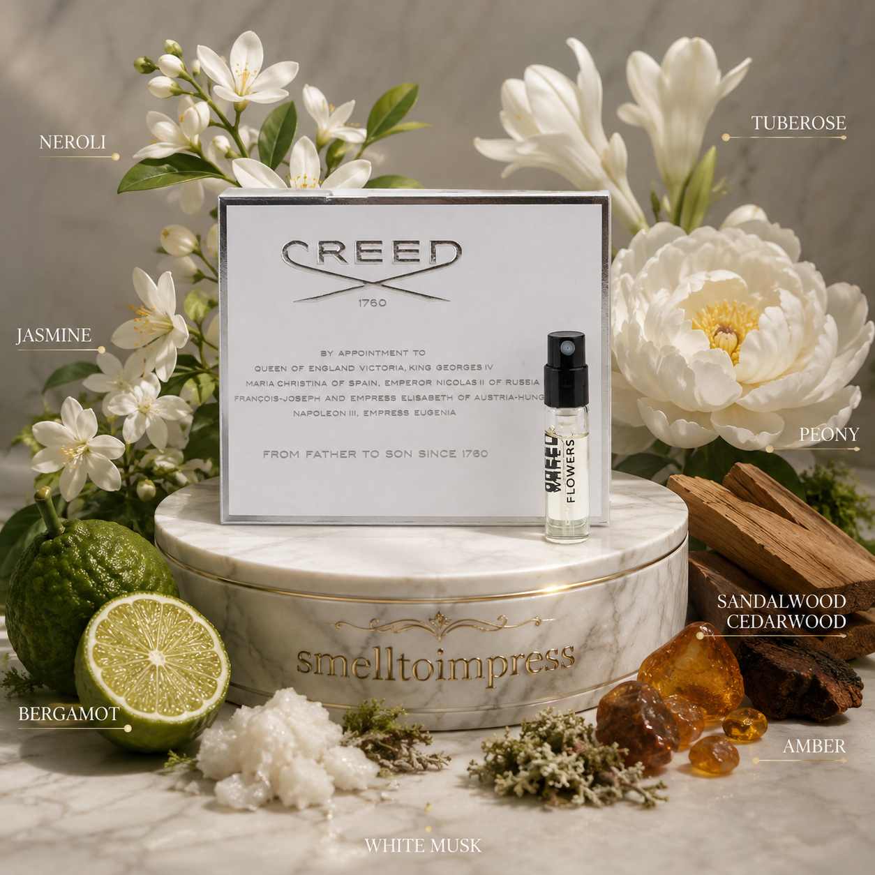 Creed White Flowers hivatalos parfümminta 2 ml 0,06 fl. oz. illatmintája