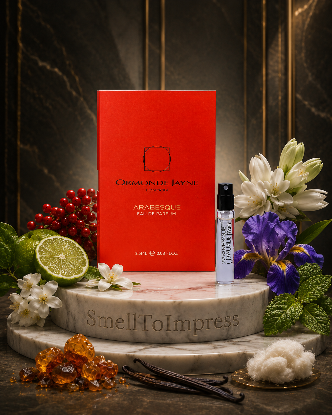 luxus talapzat Ormonde Jayne Arabesque 2 ml 0,06 fl. oz. hivatalos parfümmintával rajta