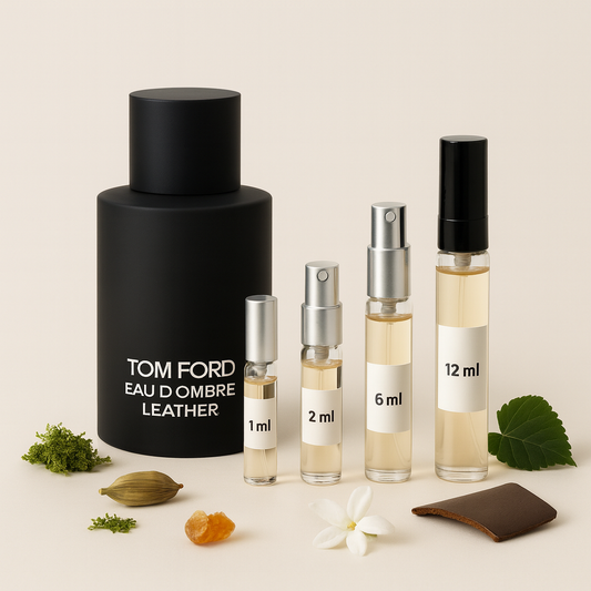 Tom Ford Eau d’Ombre Leather üveg és 1 ml, 2 ml, 6 ml, 12 ml mintafiolák világos háttéren, kardamom-, jázmin-, borostyán-, moha- és bőrhangulatokkal