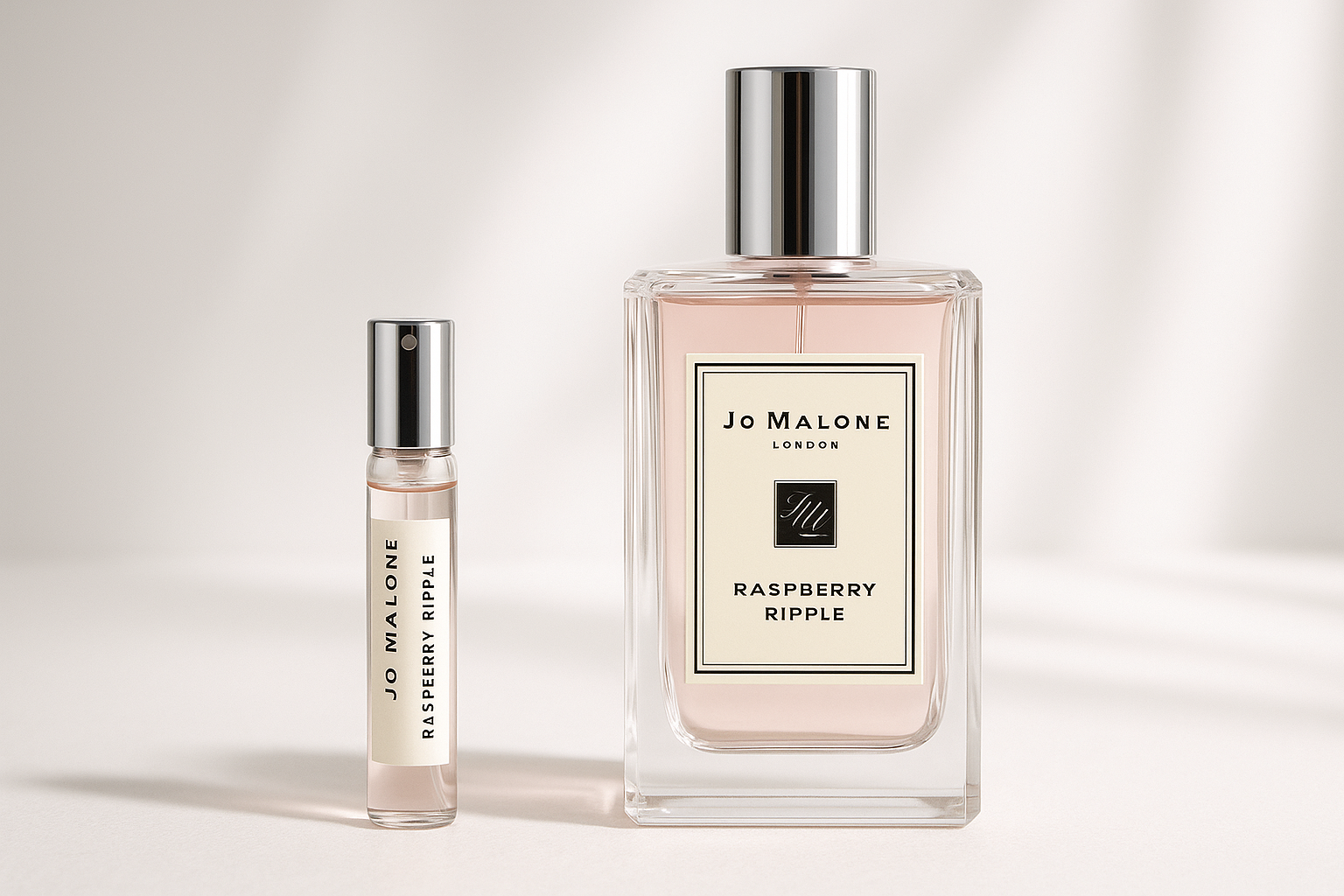 Jo Malone Raspberry Ripple 2 ml-es parfüm minta a 100 ml-es Jo Malone Raspberry Ripple parfüm üveg mellett áll.
