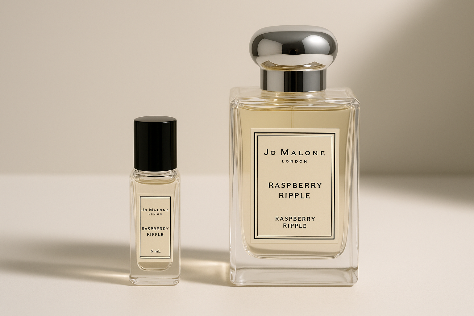 Jo Malone Raspberry Ripple 6 ml-es parfüm minta a 100 ml-es Jo Malone Raspberry Ripple üveg mellett áll.
