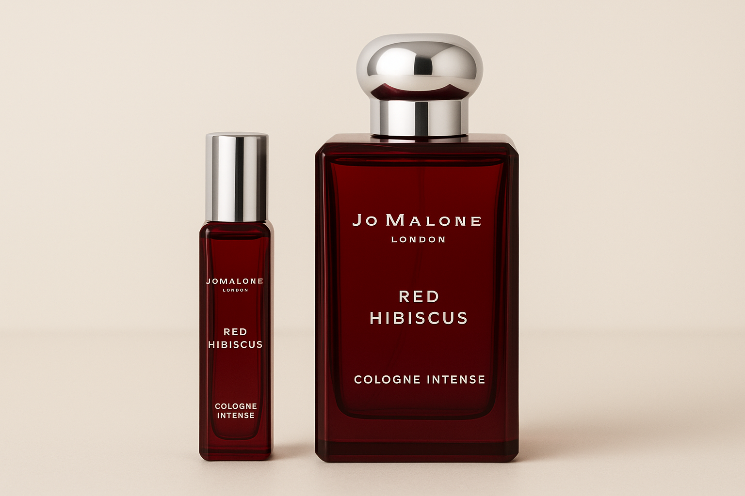 Jo Malone Red Hibiscus Cologne Intense 12 ml-es minta, mellette egy 100 ml-es Jo Malone Red Hibiscus Cologne Intense parfümös üveg, amelyen fehér felirat látható a sötétvörös üvegen.