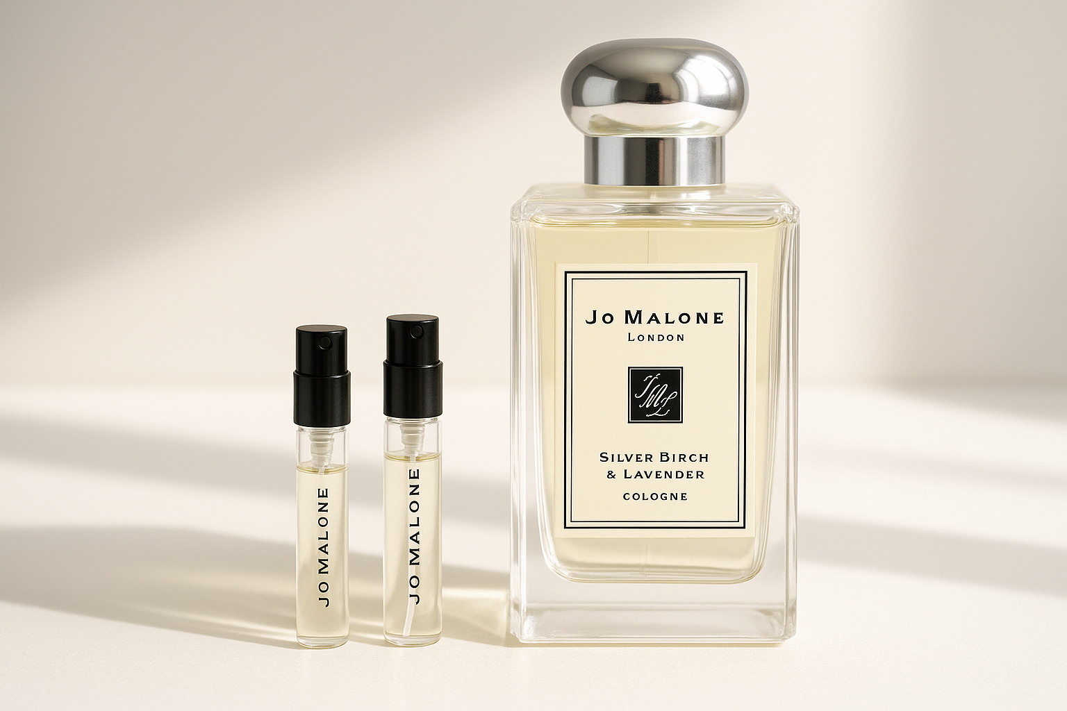 Jo Malone Silver Birch & Lavender kölni parfüm minták 1 ml, mellette Jo Malone Silver Birch 100 ml illat.