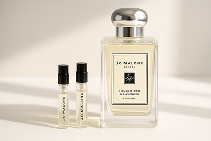 Jo Malone Silver Birch & Lavender kölni parfüm minták 1 ml, mellette Jo Malone Silver Birch 100 ml illat.