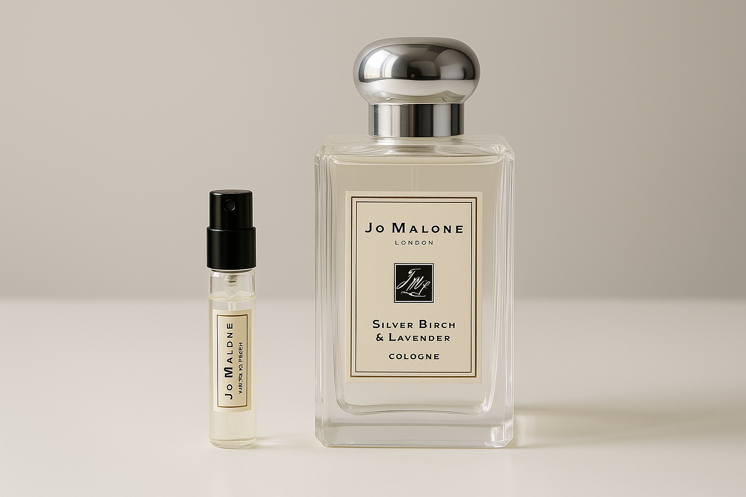 Jo Malone Silver Birch & Lavender kölni parfüm minták, 2 ml-es parfüm minta egy 100 ml-es Jo Malone Silver Birch & Lavender illat mellett állva