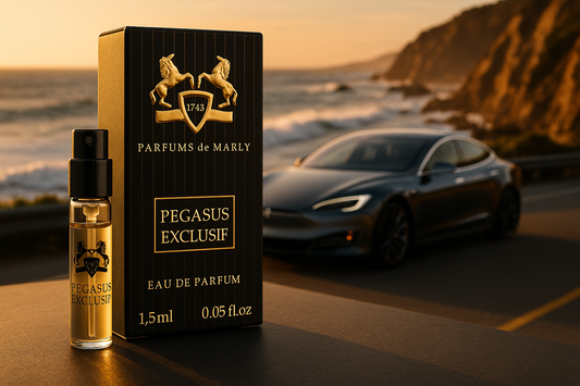 Parfums De Marly Pegasus Exclusif hivatalos parfüm minta 1,5 ml 0,05 fl. oz. parfüm teszter, a háttérben luxus elektromos autó a parton
