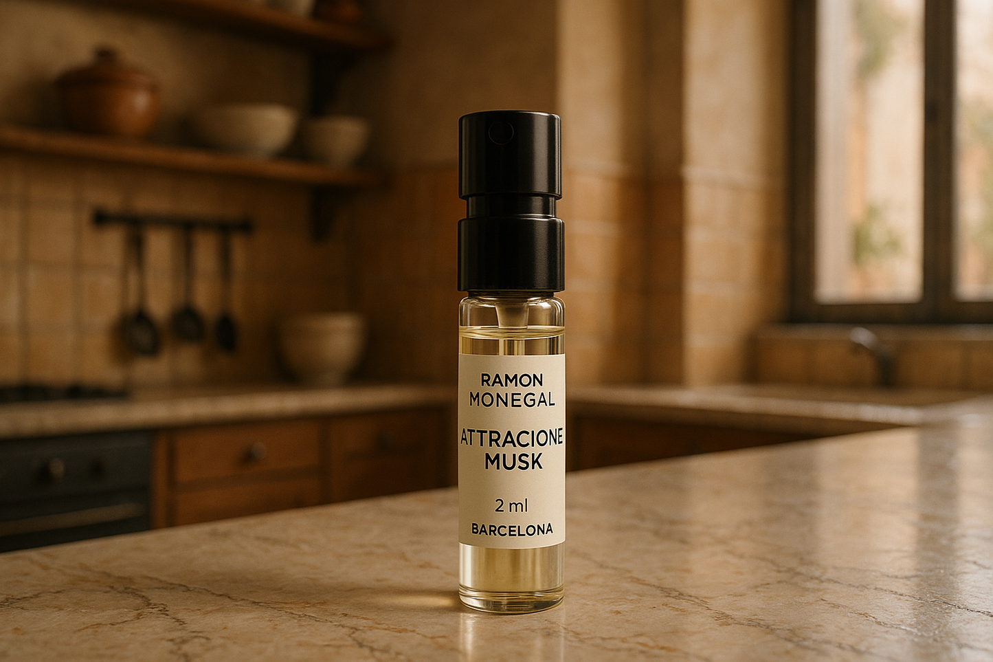 Ramon Monegal Atractone Musk hivatalos parfüm minta 2ml 0,06 fl. oz. parfüm teszter, olasz stílusú, árnyékos konyha