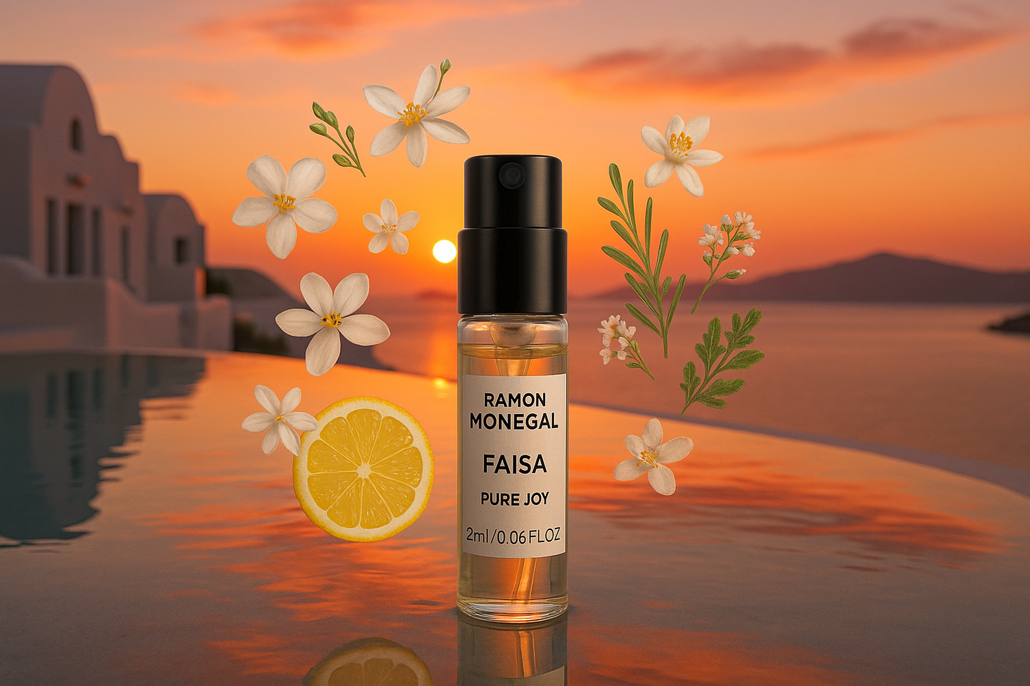 Ramon Monegal Faisa Pure Joy hivatalos parfüm minta 2 ml 0,06 fl. oz. parfüm teszter, háttérben naplemente a szantorini medencénél, a mintát körülveszik a Faisa Pure Joy illatjegyei