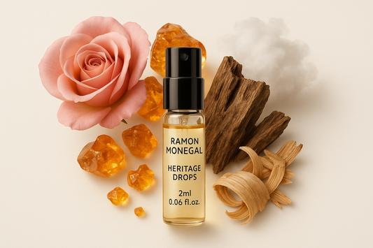 Ramon Monegal Heritage Drops hivatalos parfüm minta 2 ml 0,06 fl. oz. parfüm teszter minta üveg, Heritage Drops illatjegyekkel körülvéve