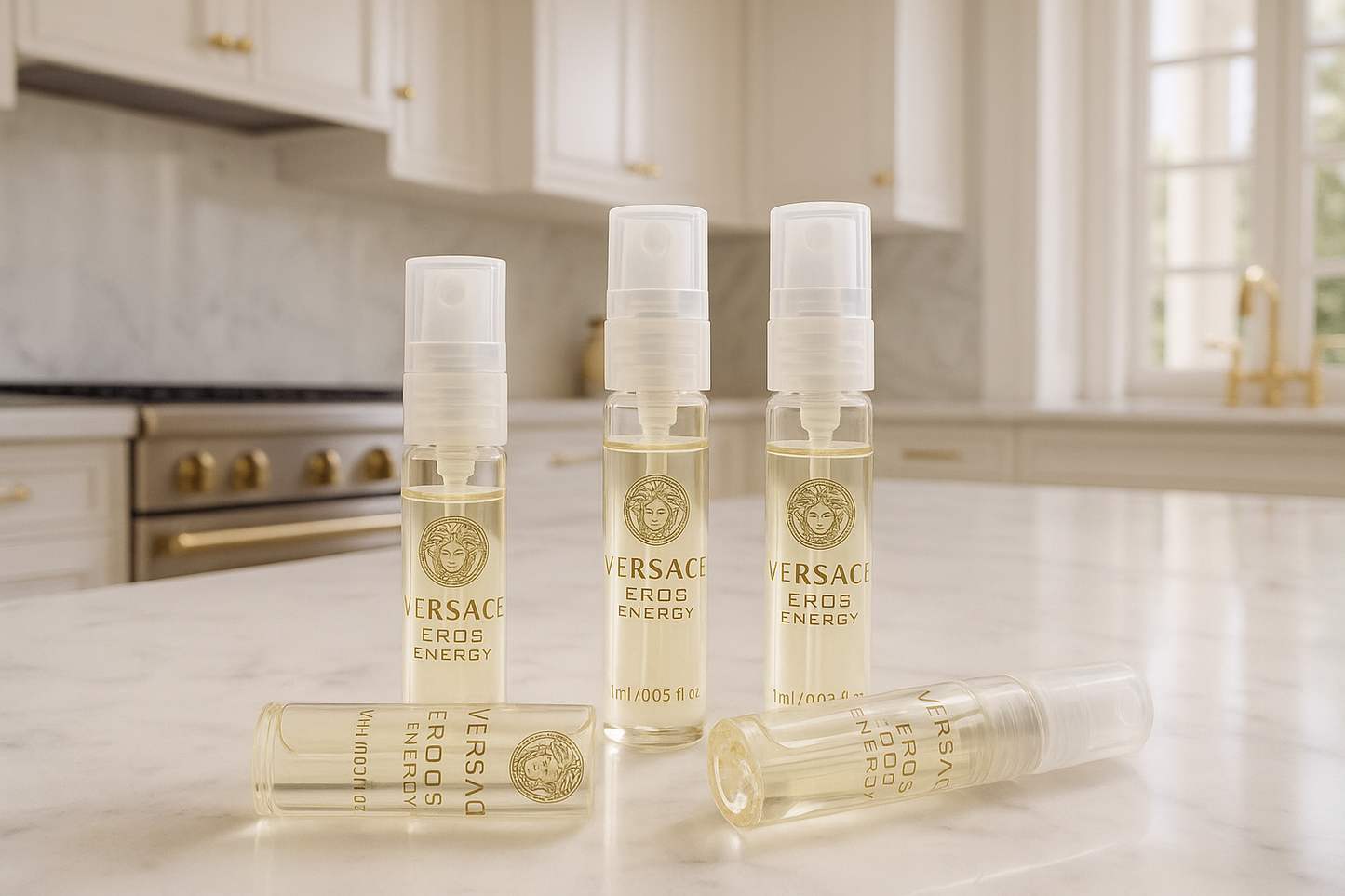 Versace Eros Energy parfümminták szuper luxus fehér olasz stílusú konyhában
